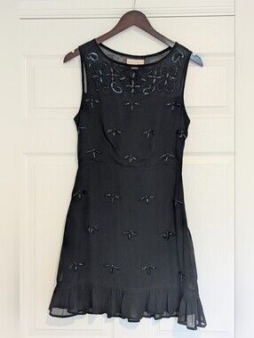 NFC 721 Black Beaded Mini Dress Small Mesh Sequin‎ Ruffle Hem Party Cocktail